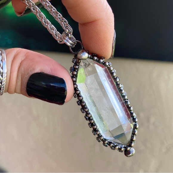 Natural Crystal quartz black electroplated boho goth stainless steel necklace - Picture 9 of 14